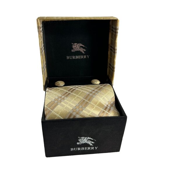Burberry Silk Tie Necktie Boxed Set Cufflinks Pocket Square Cream Brown - Picture 1 of 16